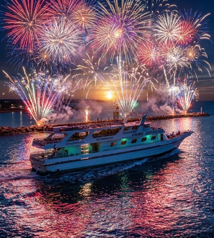 Boat on water with colorful fireworks in the night sky.