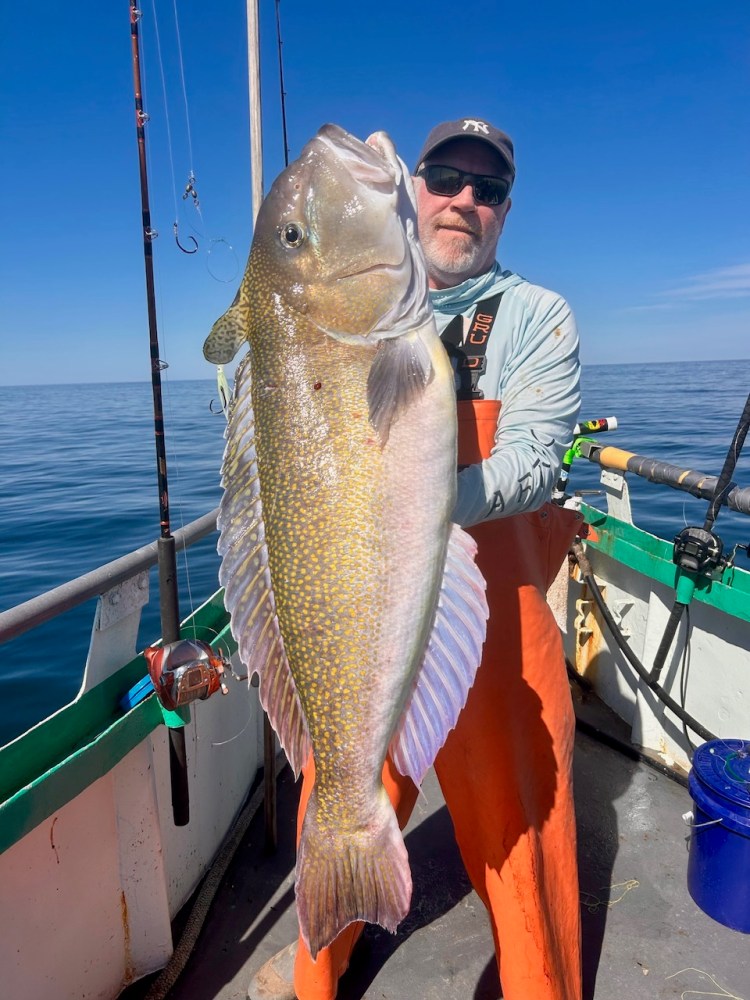 Person holding a large fish on a boat with ocean in the background.