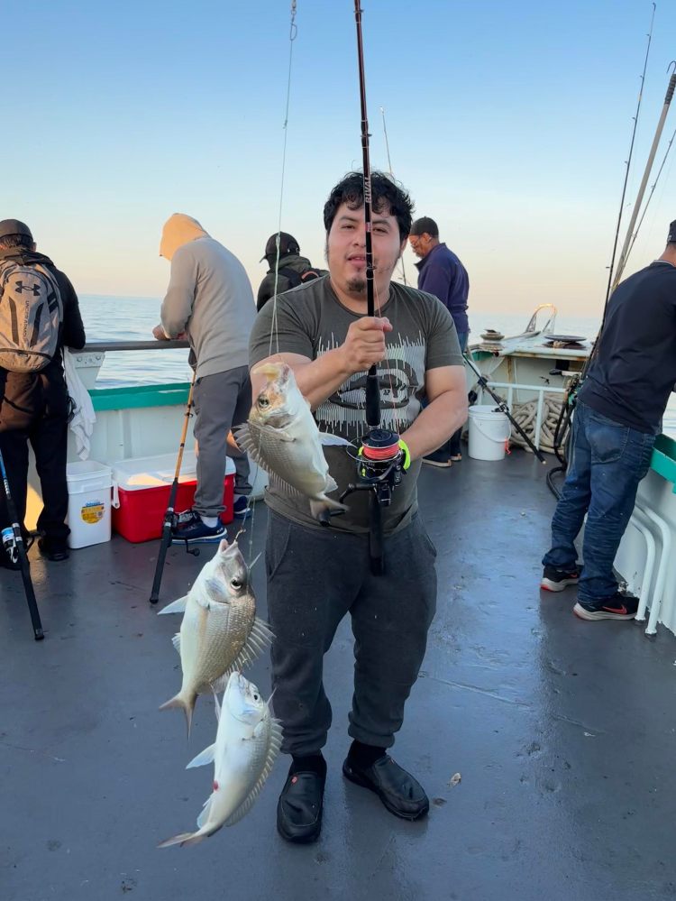 Person on a boat holding a fishing rod with three fish caught.