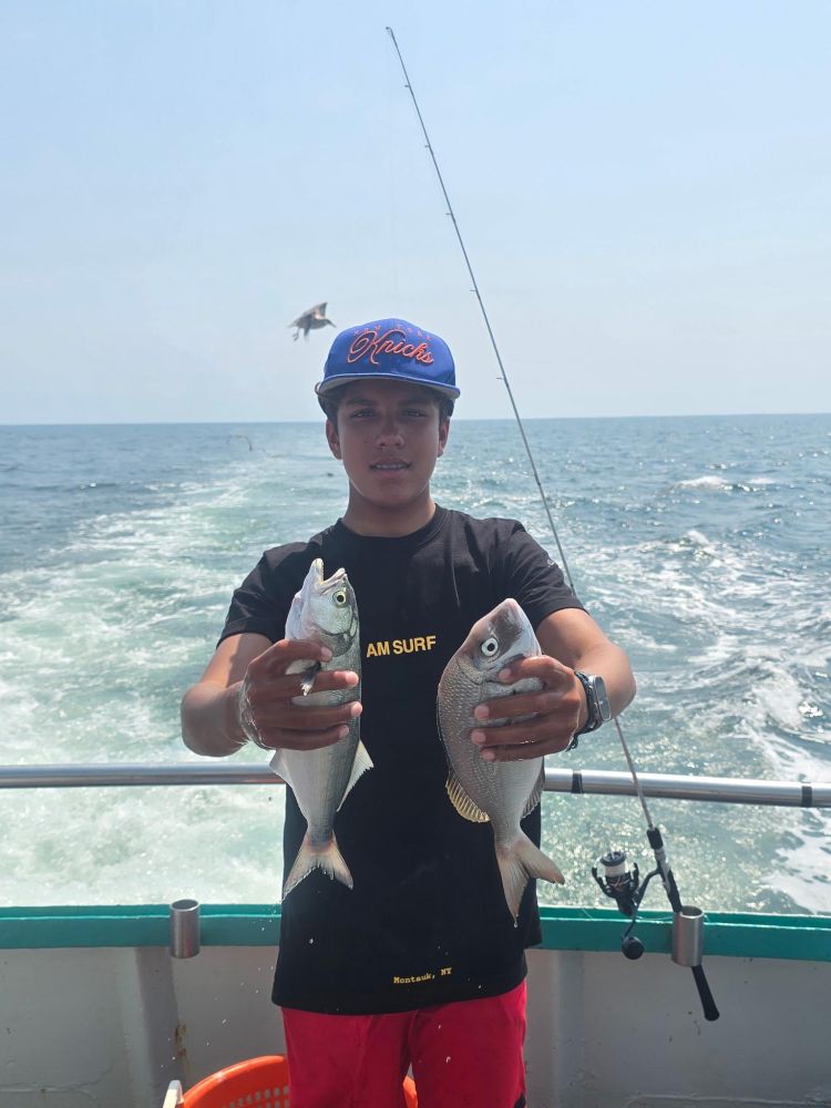 Person holding two fish on a boat with ocean in background.