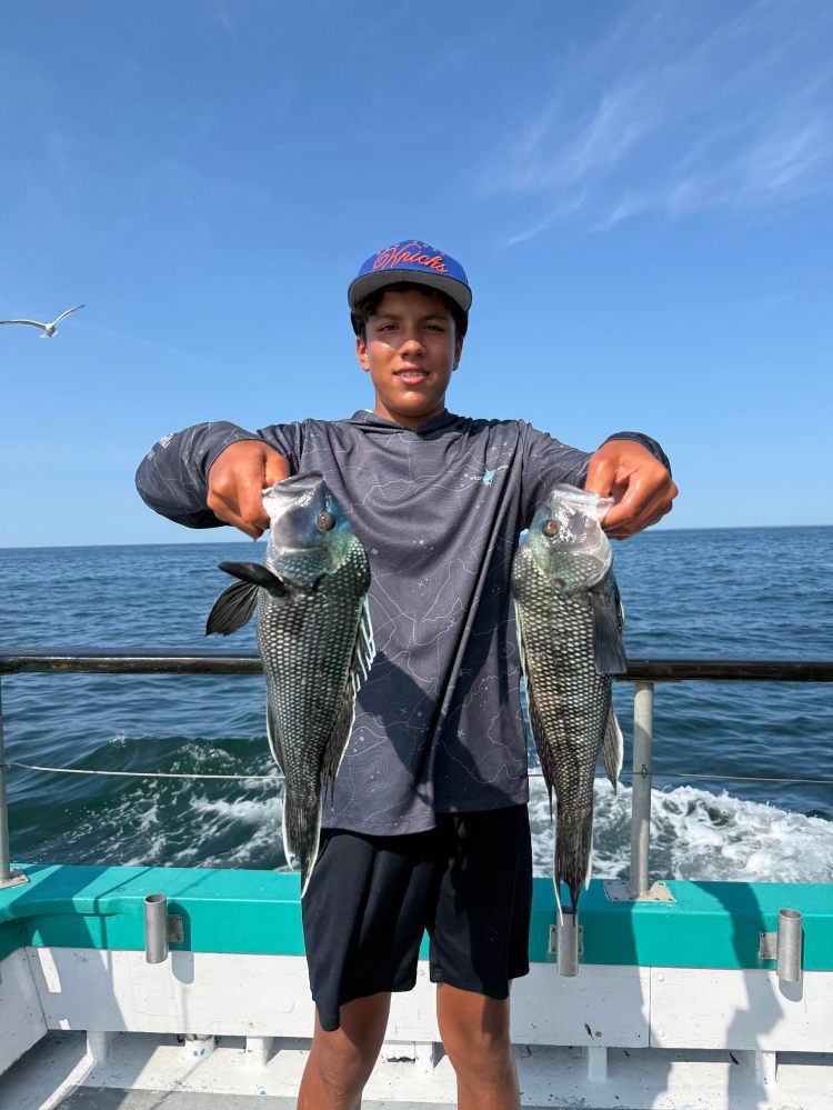 Person holding two fish on a boat with ocean in the background.