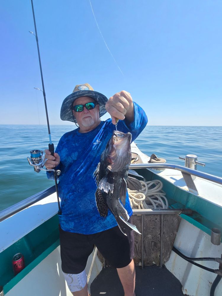 Man in blue shirt holding a fish on a boat under clear sky.