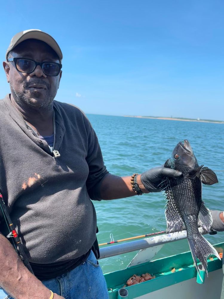 Person on a boat holding a black fish under a clear blue sky.