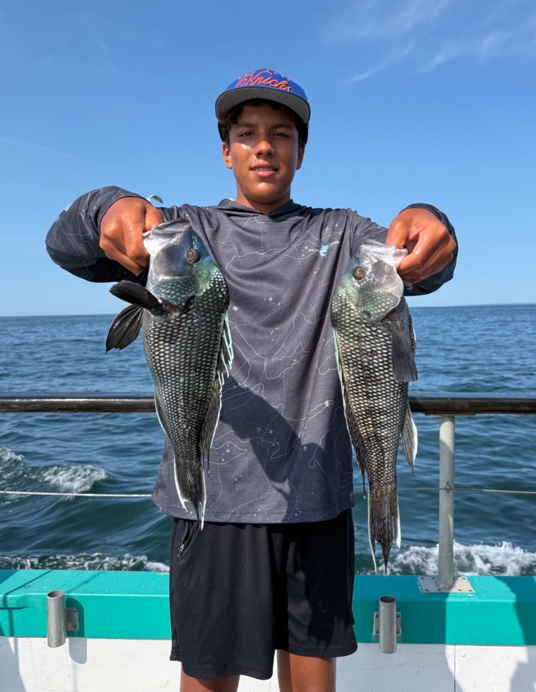 Person holding two fish on a boat with the ocean in the background.