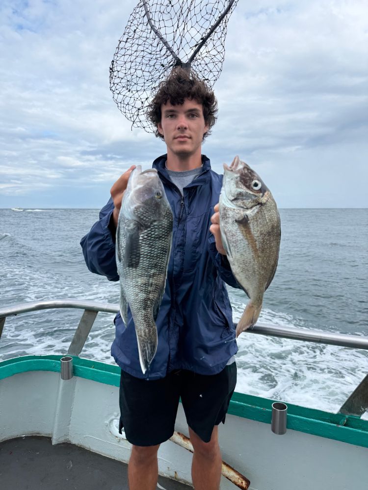 Person holding two fish on a boat with ocean in background.
