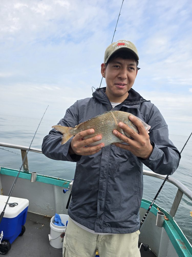 Person holding a fish on a boat with fishing gear and sea in the background.