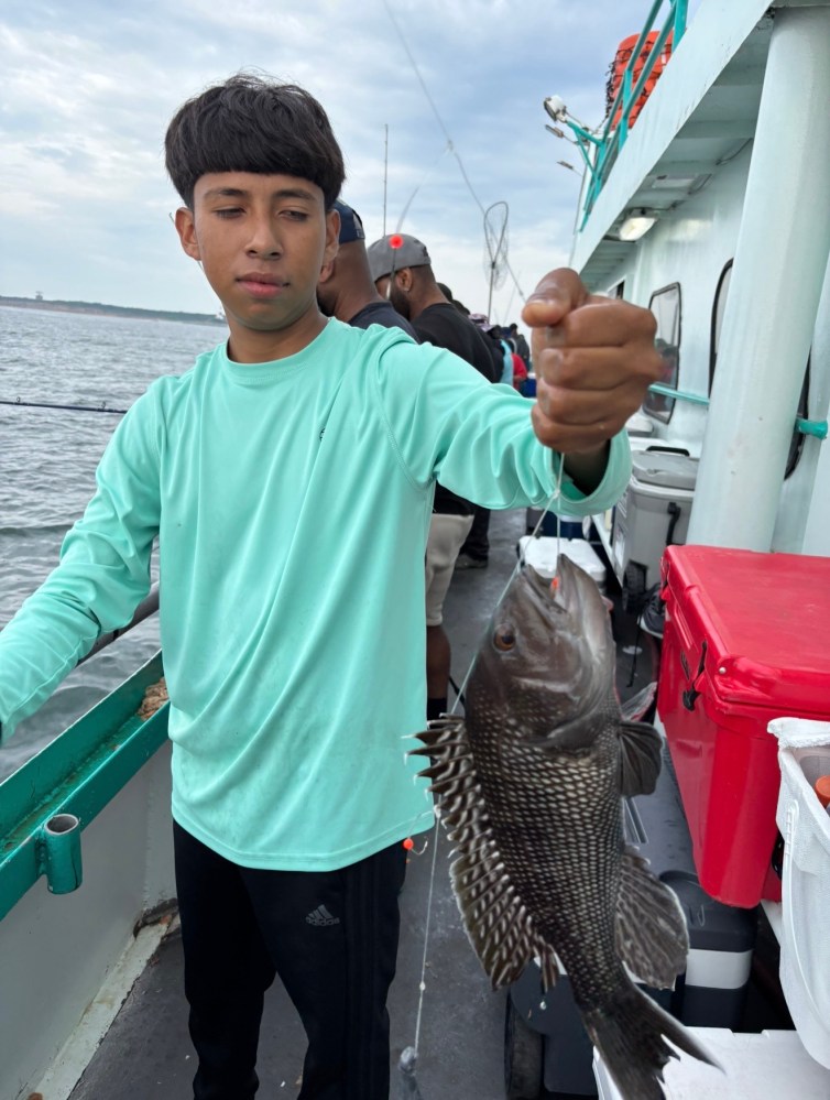 Person holding a fish on a boat with water in the background.