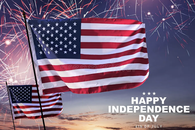 American flags with fireworks and 'Happy Independence Day 4th of July' text.