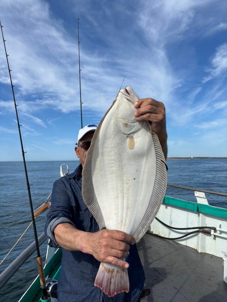 Person holding a large fish on a boat with ocean and sky in background.