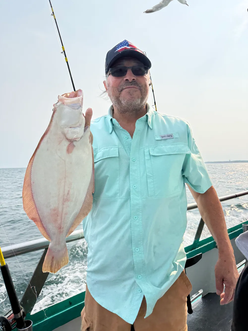 Man holding a fish on a boat in sunny weather.