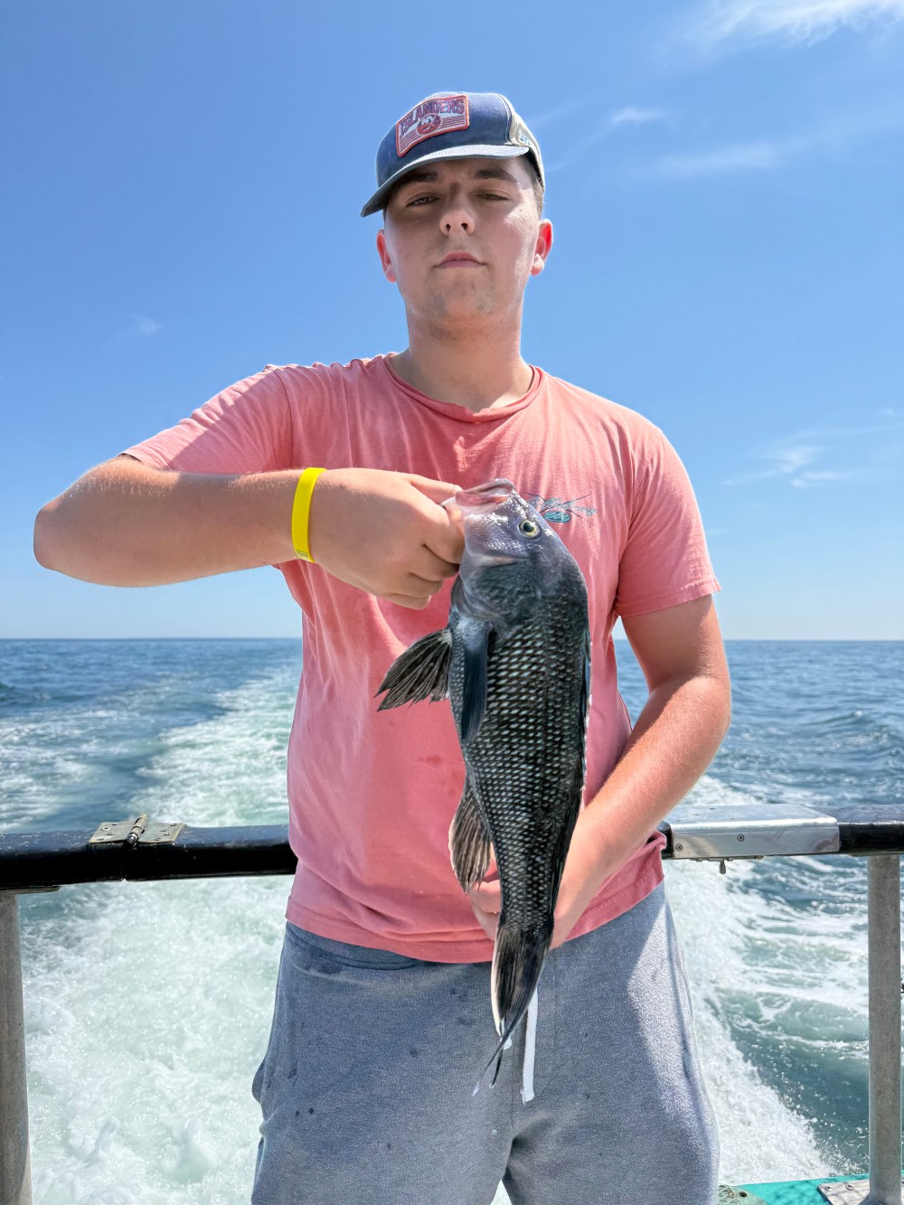 Person on boat holding a fish under a clear blue sky.