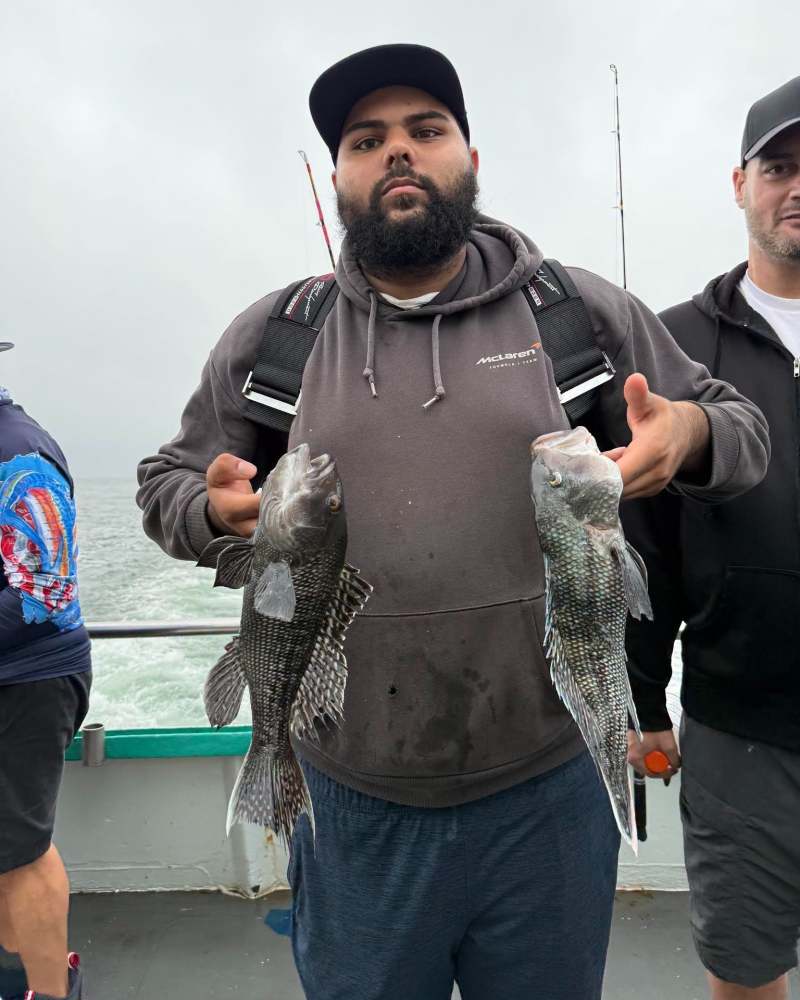 Man holding two fish on a boat with others nearby.