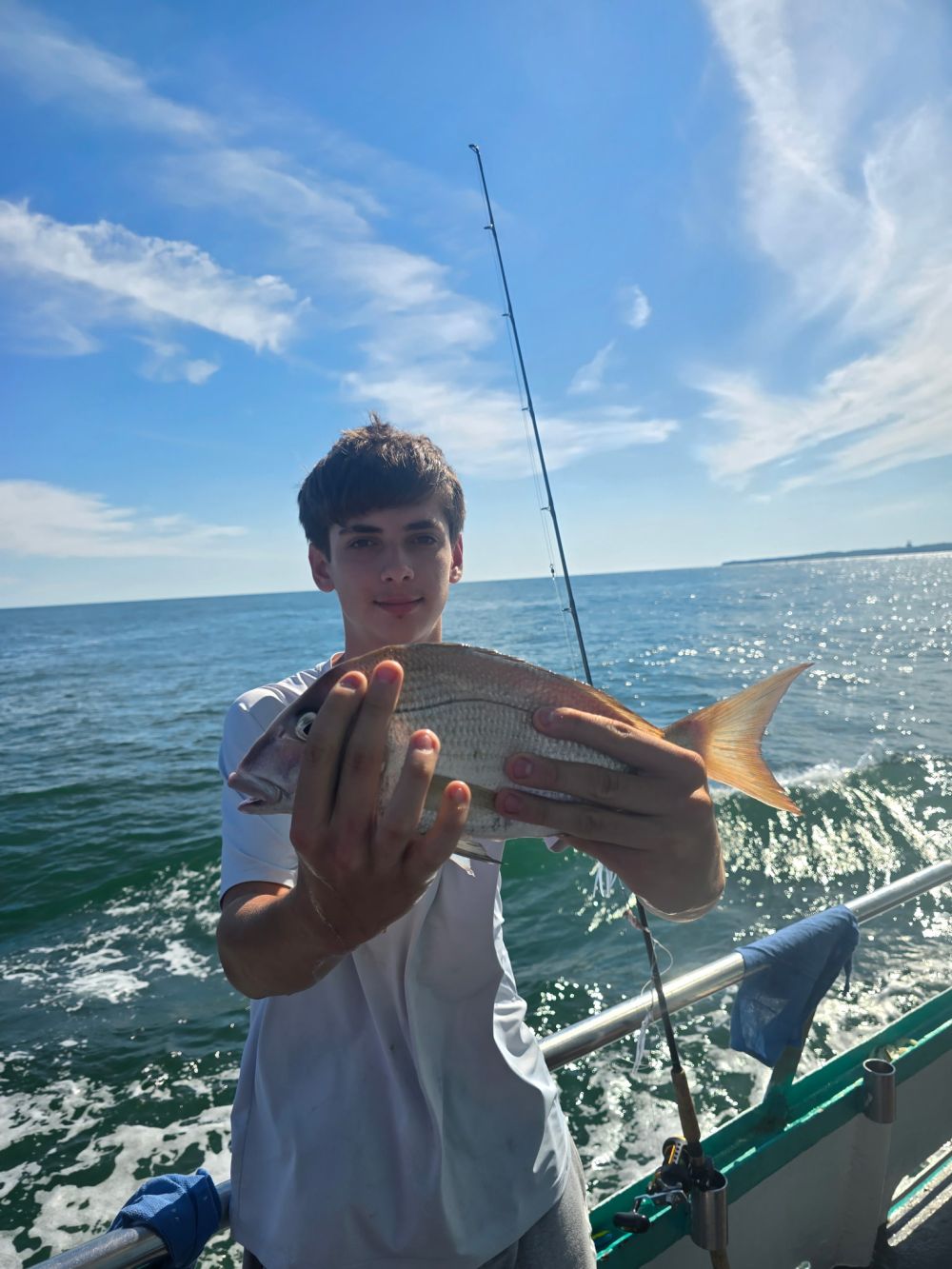 Person on boat holding a fish, ocean and blue sky in background.