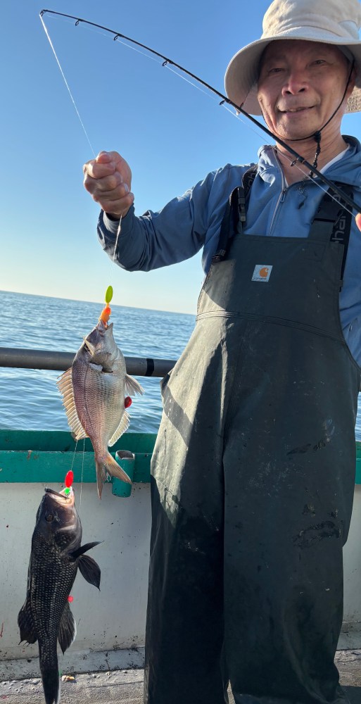 Person holding fishing rod with two fish on a boat.