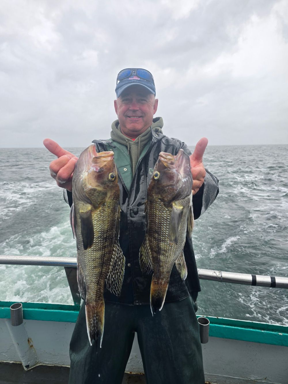 Person holding two large fish on a boat at sea.