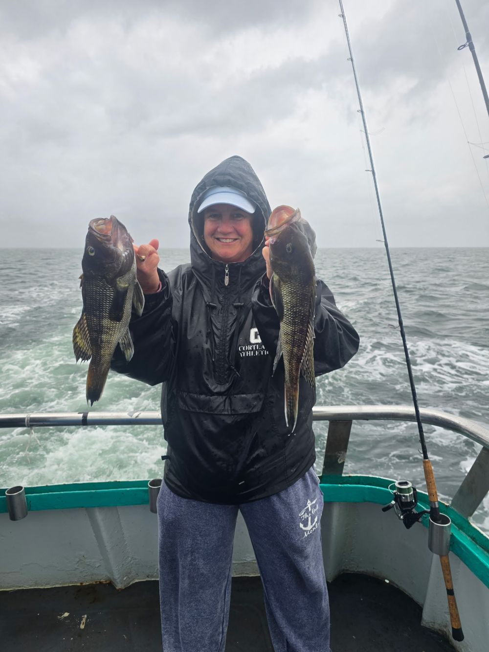 Person on a boat holding two fish, with cloudy sky and ocean in the background.