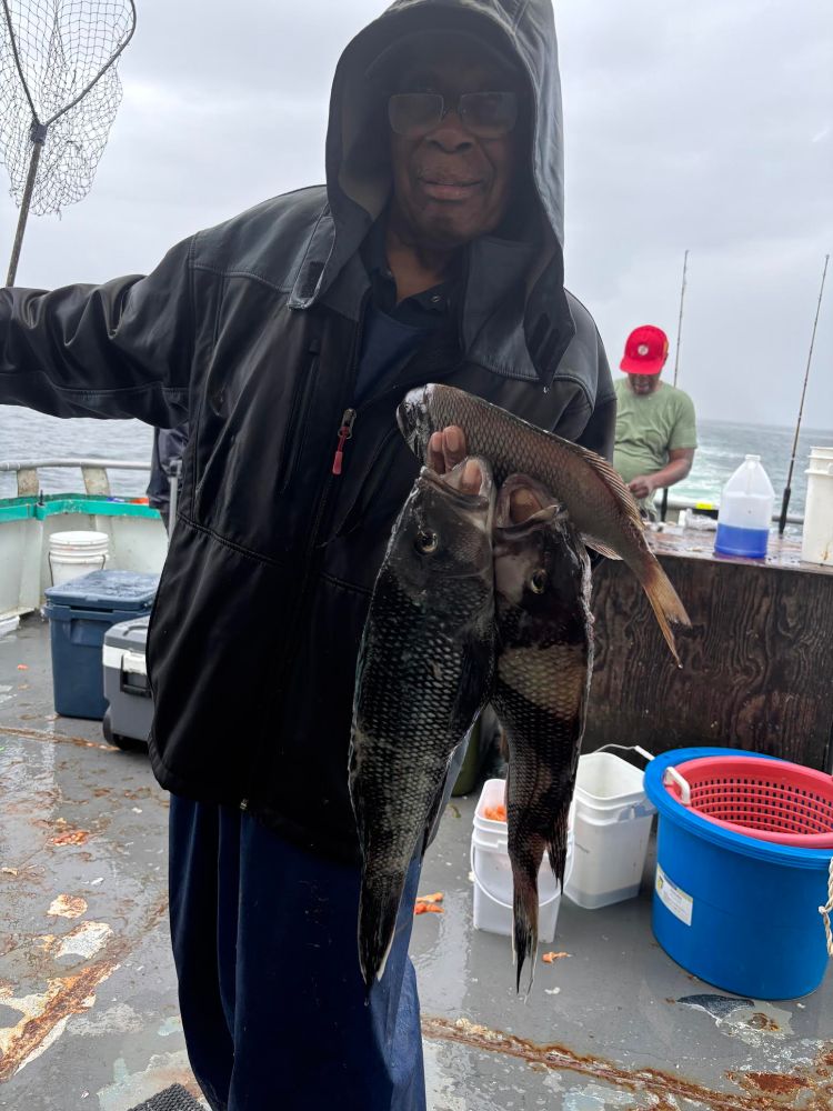 Person holding caught fish on a boat under cloudy skies.