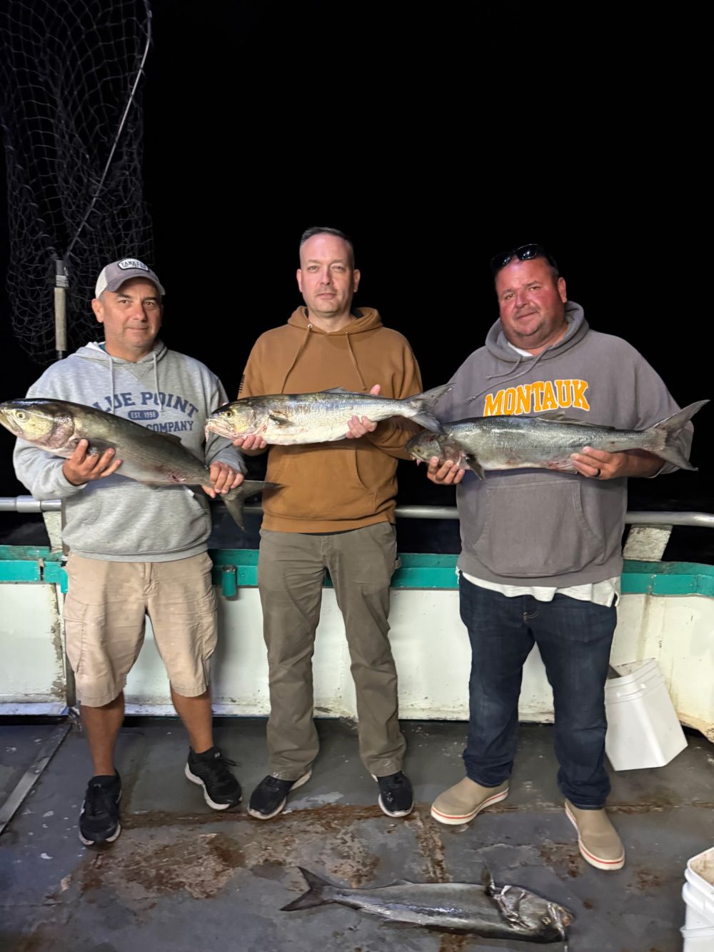 Three men on a boat holding large fish at night.