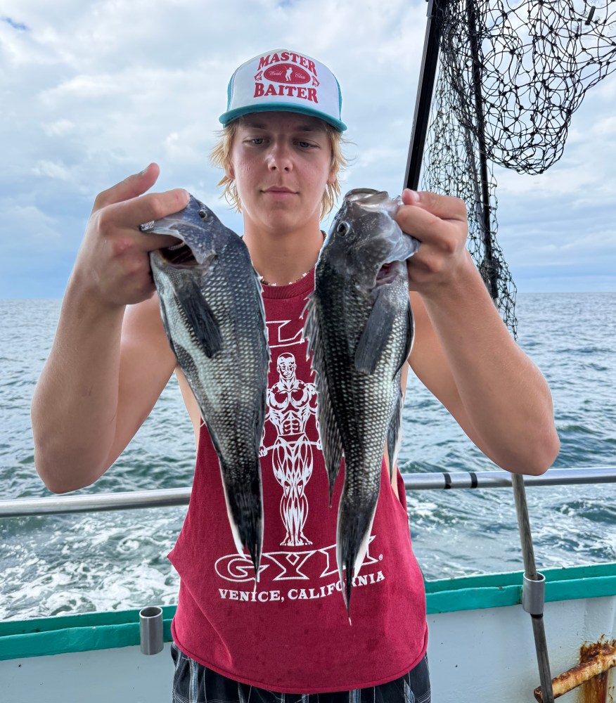 Person holding two fish on a boat with the ocean in the background.