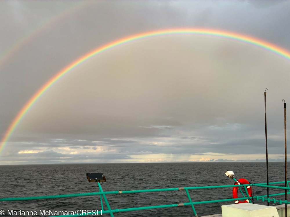 Double rainbow over an ocean with a cloudy sky and a ship's railing in the foreground.