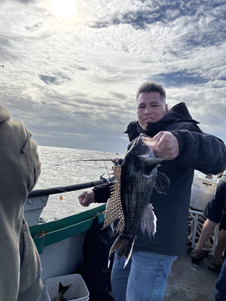 Person holding a fish on a boat under a cloudy sky.