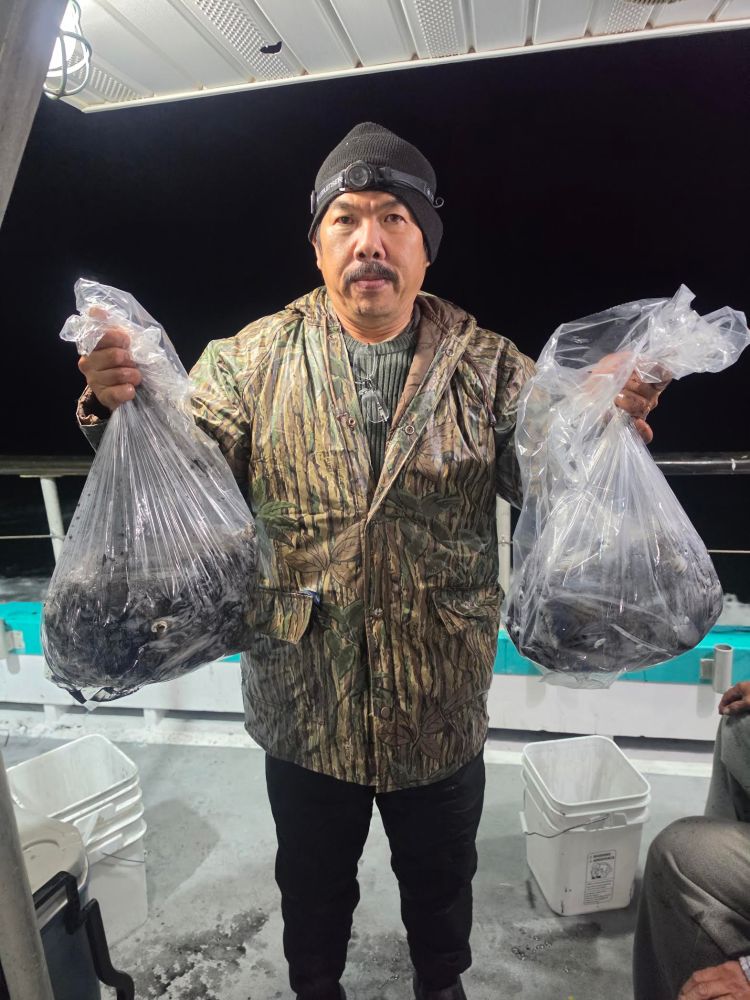 Person in camo jacket holding bags of fish on a boat at night.