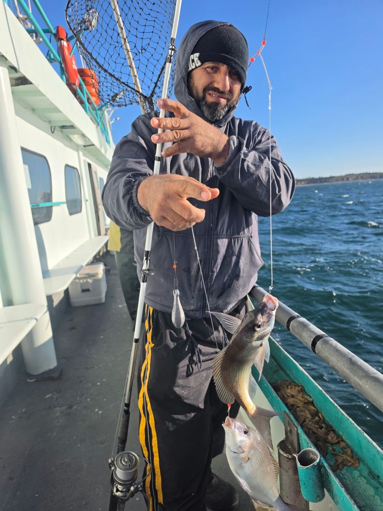 Man on a boat holding a fishing rod with two caught fish.