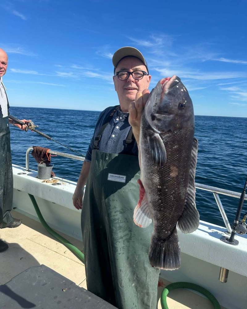 Person holding a large fish on a boat with blue sky and ocean in background.