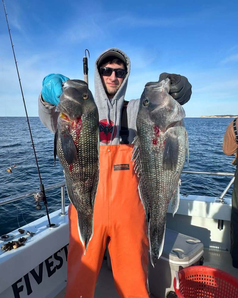 Person on a boat holding two large fish, wearing an orange bib and hoodie.