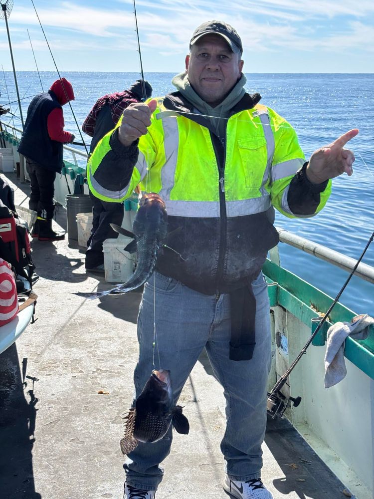 Person on a boat holding a fish, wearing a bright jacket.