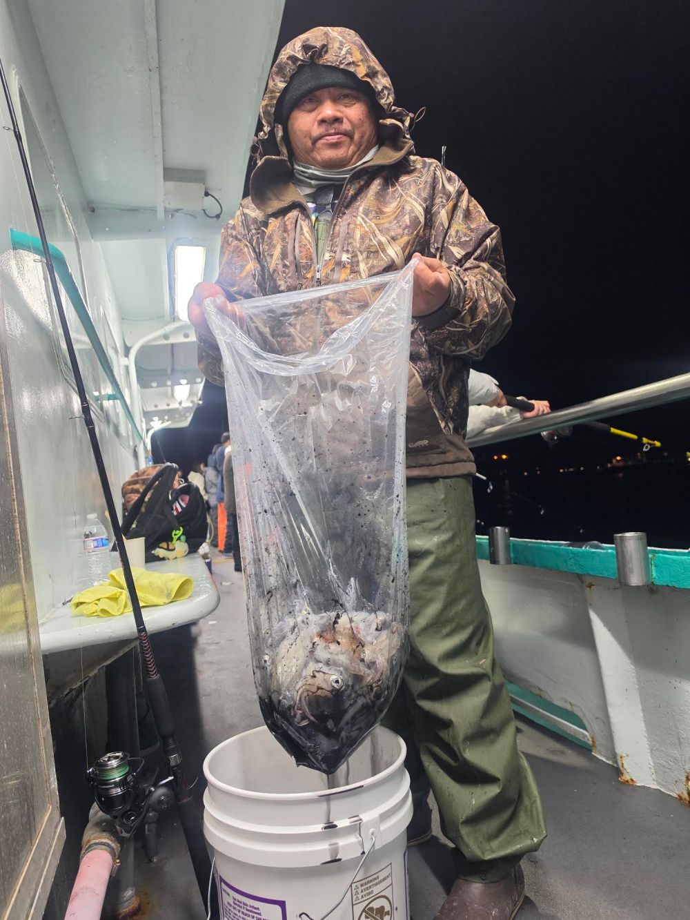 Person holding a fishing net with fish on a boat at night.