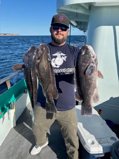 Man holding three large fish on a boat.