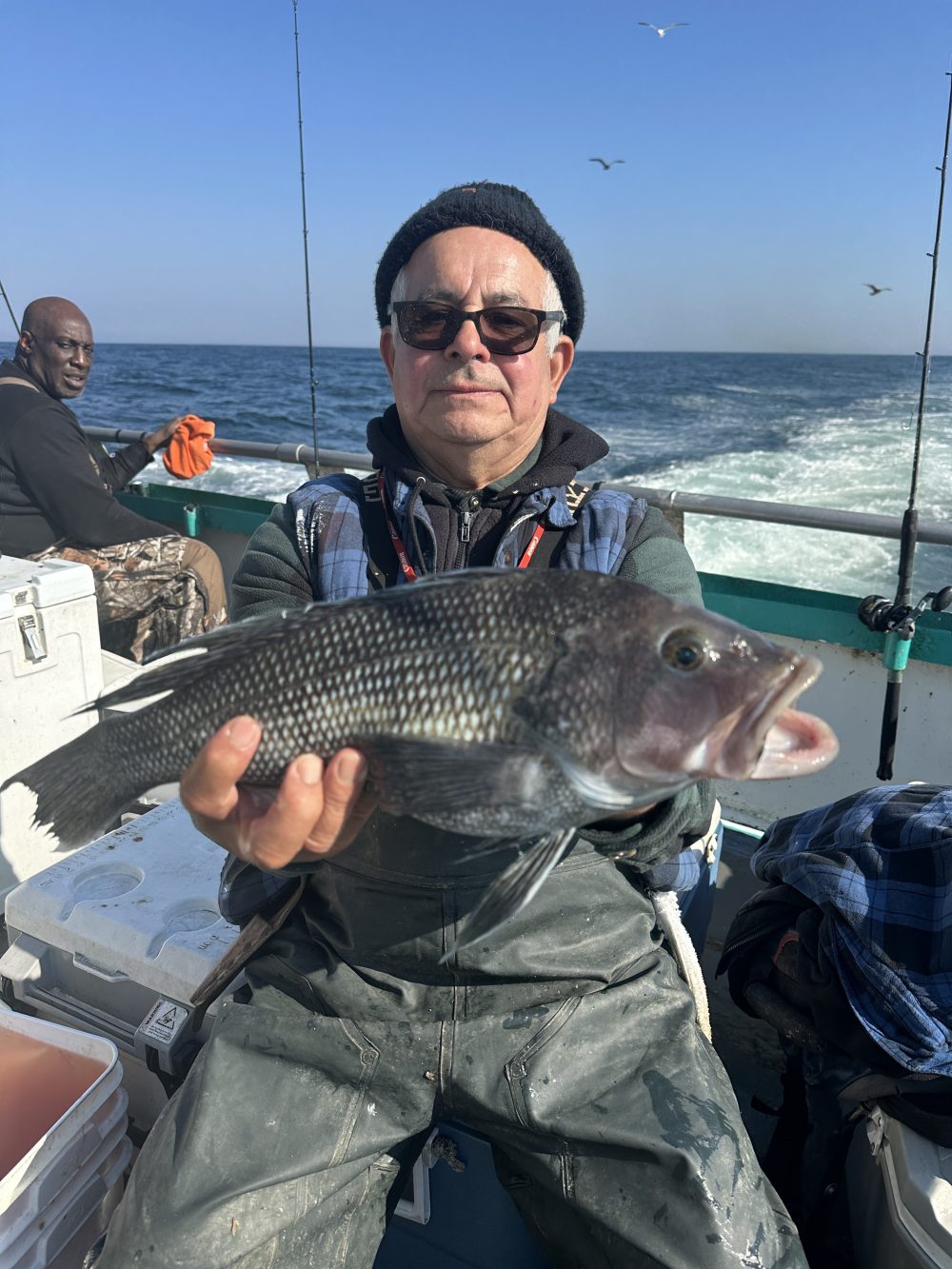 Person holding a fish on a boat with ocean in background.