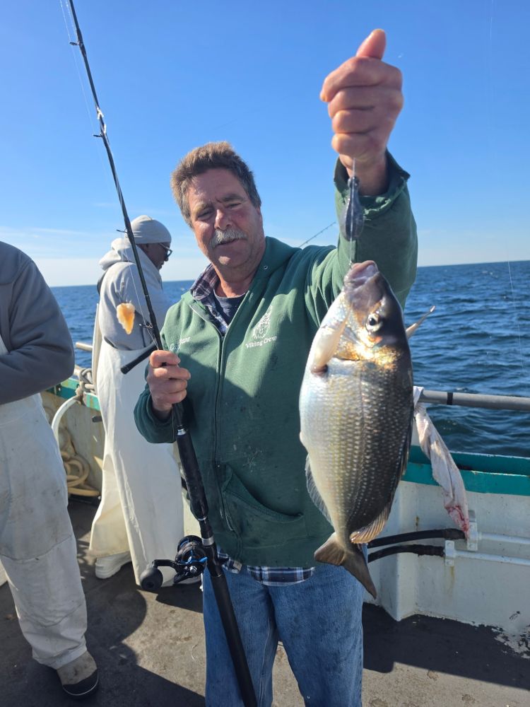 Man holding a fish and fishing rod on a boat, sunny day with blue sky.