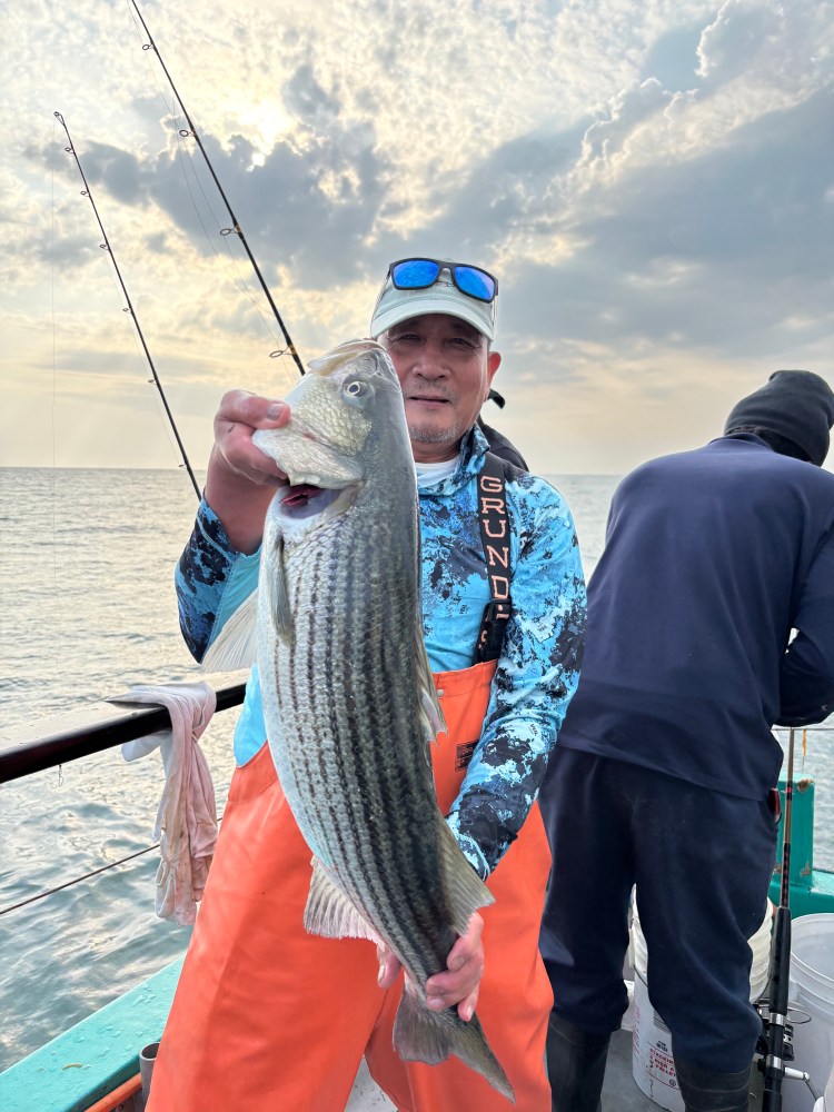 Person holding a large fish on a boat with a cloudy sky above.
